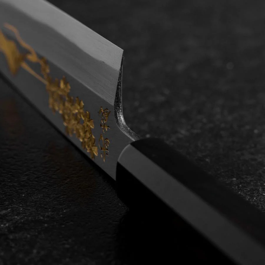 Santoku White Steel #2 Kasumi Einfache Fase Chokin Sakura-Fuji Büffelhorn und Ebenholz Griff 155mm - Image 4