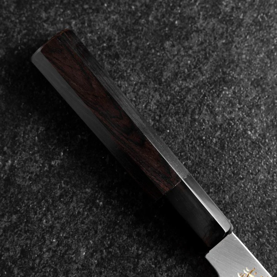Santoku White Steel #2 Kasumi Einfache Fase Chokin Sakura-Fuji Büffelhorn und Ebenholz Griff 155mm - Image 6
