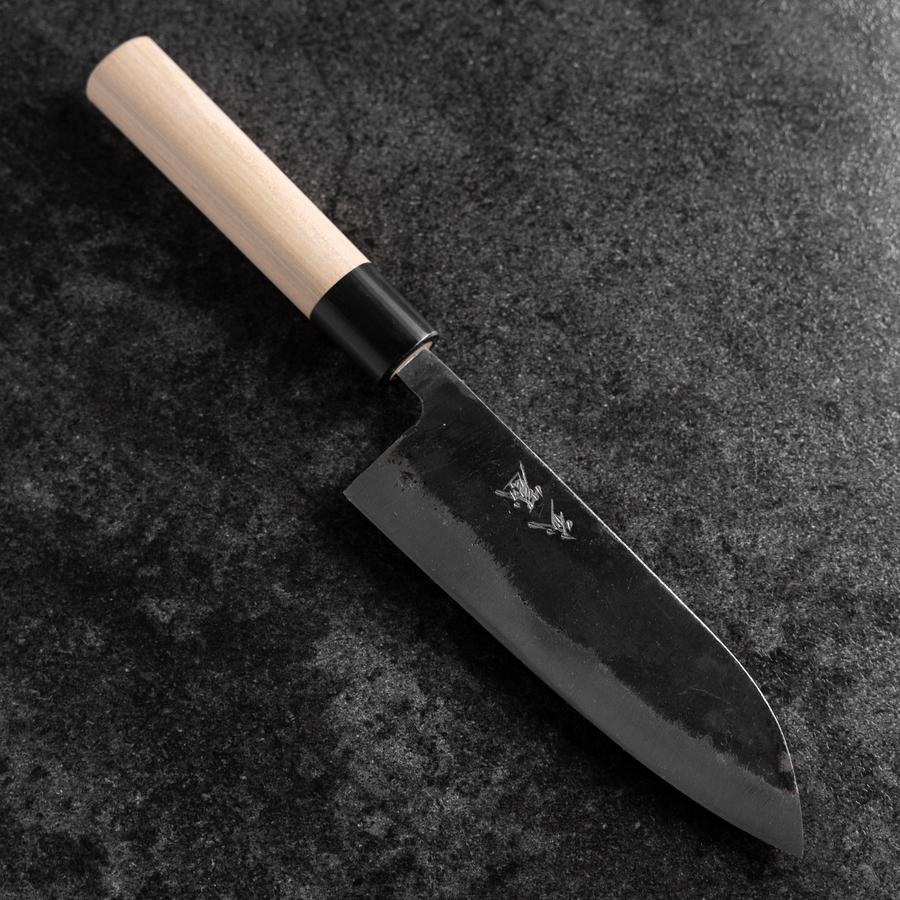 Santoku White Steel #2 Kurouchi Runder Büffelhorn und Magnolienholz Griff 165mm