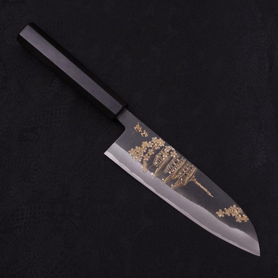 Santoku White Steel #2 Kurouchi Chokin "Pagode" Büffelhorn und Ebenholz Griff 170mm