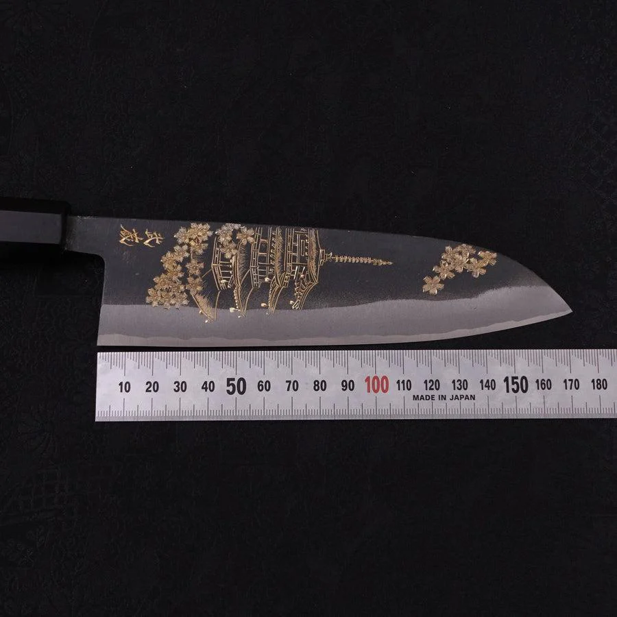 Santoku White Steel #2 Kurouchi Chokin "Pagode" Büffelhorn und Ebenholz Griff 170mm - Image 8