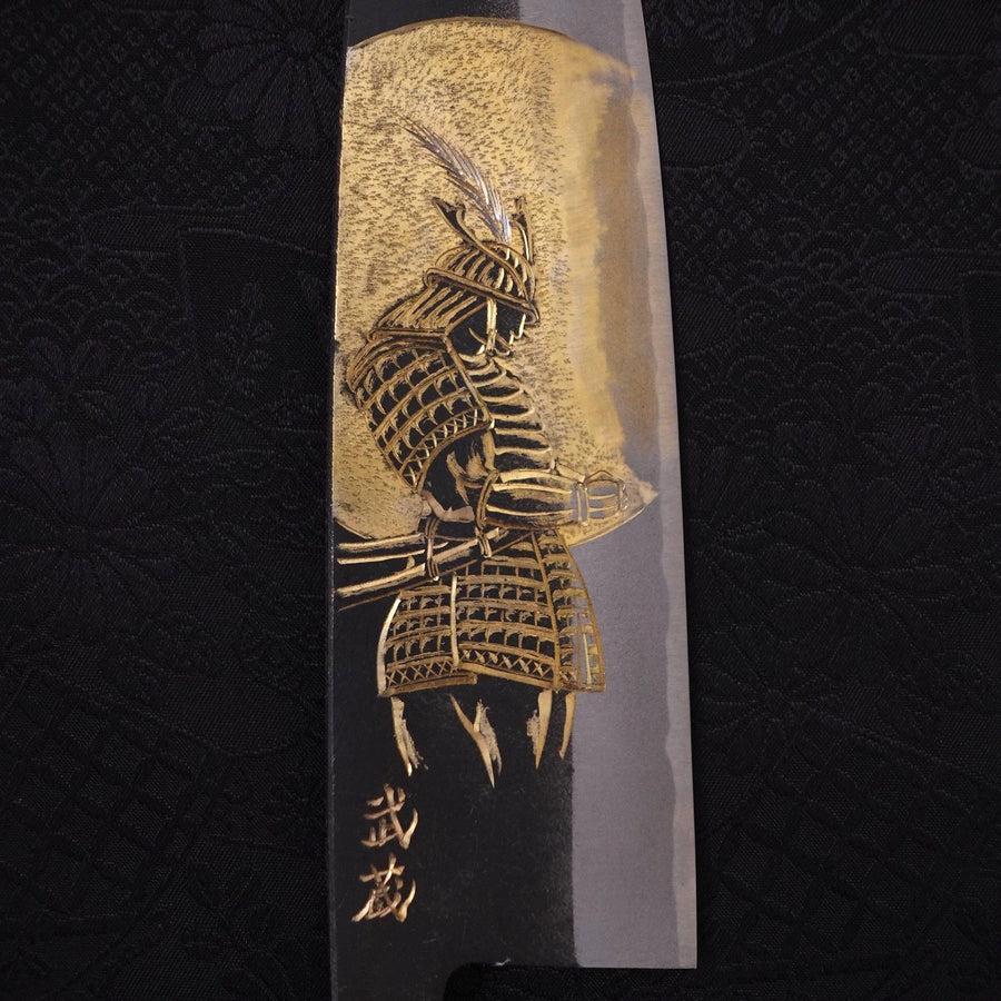Santoku White Steel #2 Kurouchi Chokin "Samurai Im Vollmond" Büffelhorn und Ebenholz Griff 170mm - Image 3