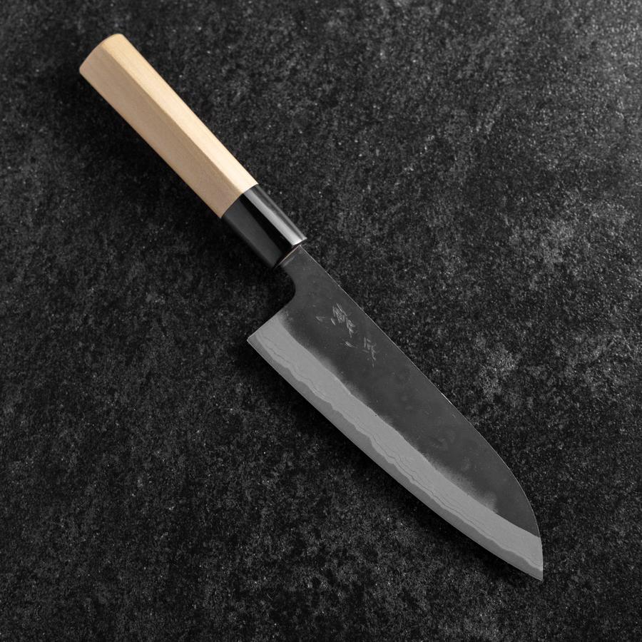 Santoku White Steel #2 Kurouchi Damast Kurigata Büffelhorn und Magnolienholz Griff 170mm