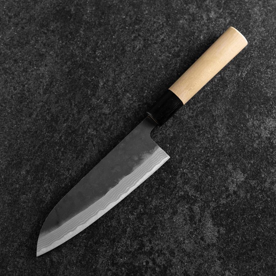 Santoku White Steel #2 Kurouchi Damast Kurigata Büffelhorn und Magnolienholz Griff 170mm - Image 2