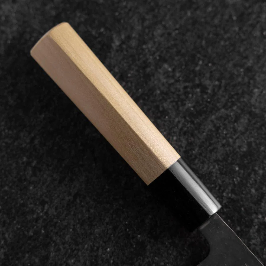 Santoku White Steel #2 Kurouchi Damast Kurigata Büffelhorn und Magnolienholz Griff 170mm - Image 6
