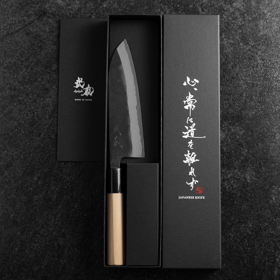 Santoku White Steel #2 Kurouchi Damast Kurigata Büffelhorn und Magnolienholz Griff 170mm - Image 8