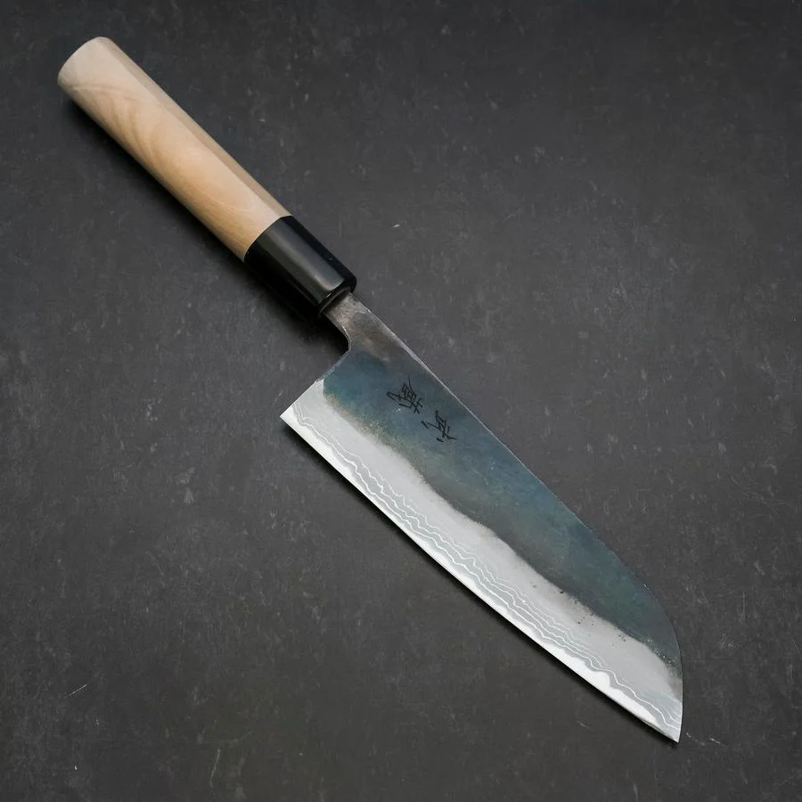 Santoku White Steel #2 Kurouchi Damast Büffelhorn und Magnolienholz Griff 165mm
