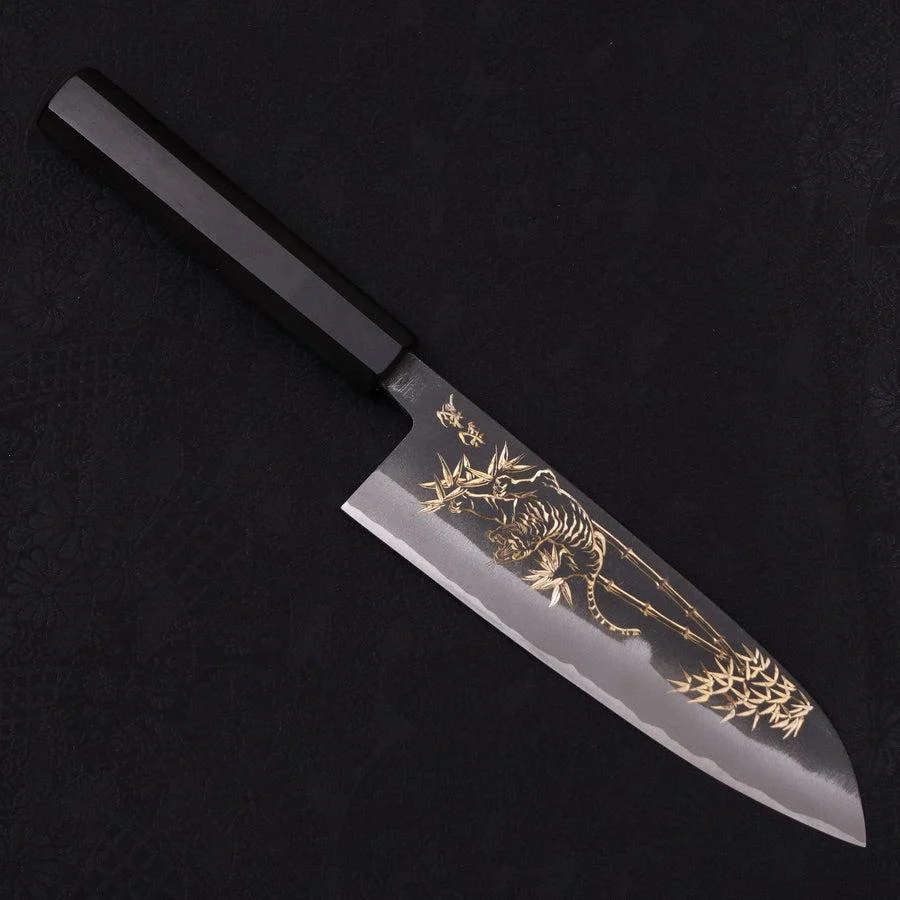 Santoku White Steel #2 Kurouchi Chokin "Tiger-Bambus" Büffelhorn und Ebenholz Griff 170mm