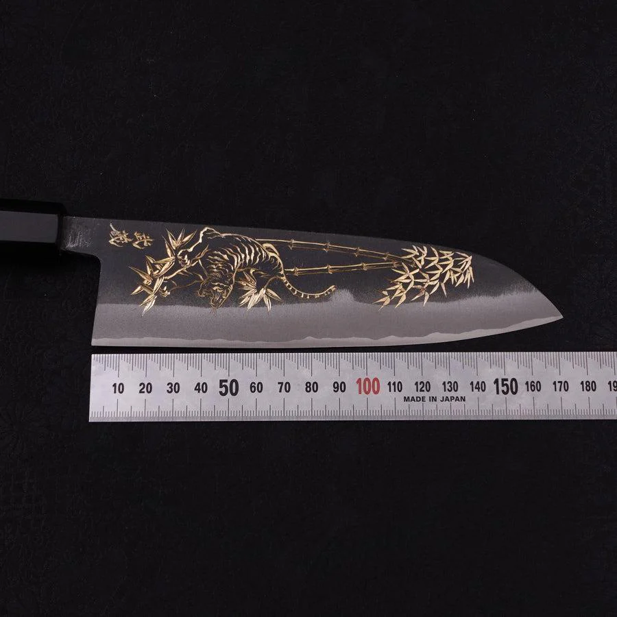 Santoku White Steel #2 Kurouchi Chokin "Tiger-Bambus" Büffelhorn und Ebenholz Griff 170mm - Image 8