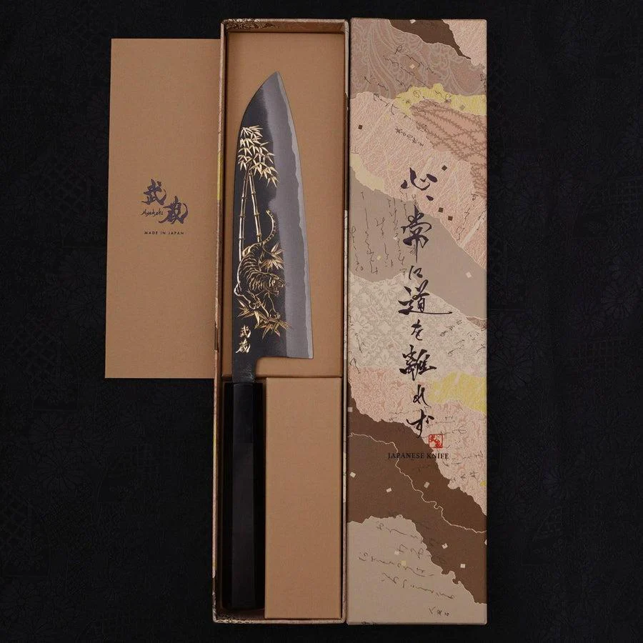 Santoku White Steel #2 Kurouchi Chokin "Tiger-Bambus" Büffelhorn und Ebenholz Griff 170mm - Image 9