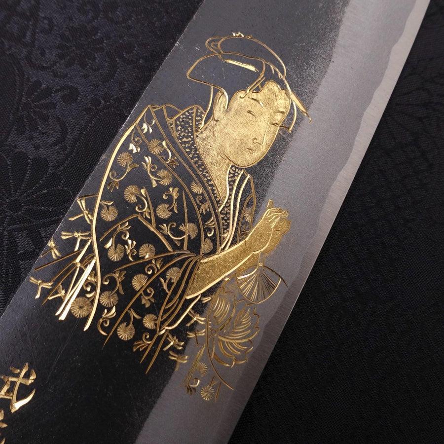 Santoku White Steel #2 Kurouchi Chokin "Bijin-Ga In Ukiyo-E" Büffelhorn und Ebenholz Griff 170mm - Image 4