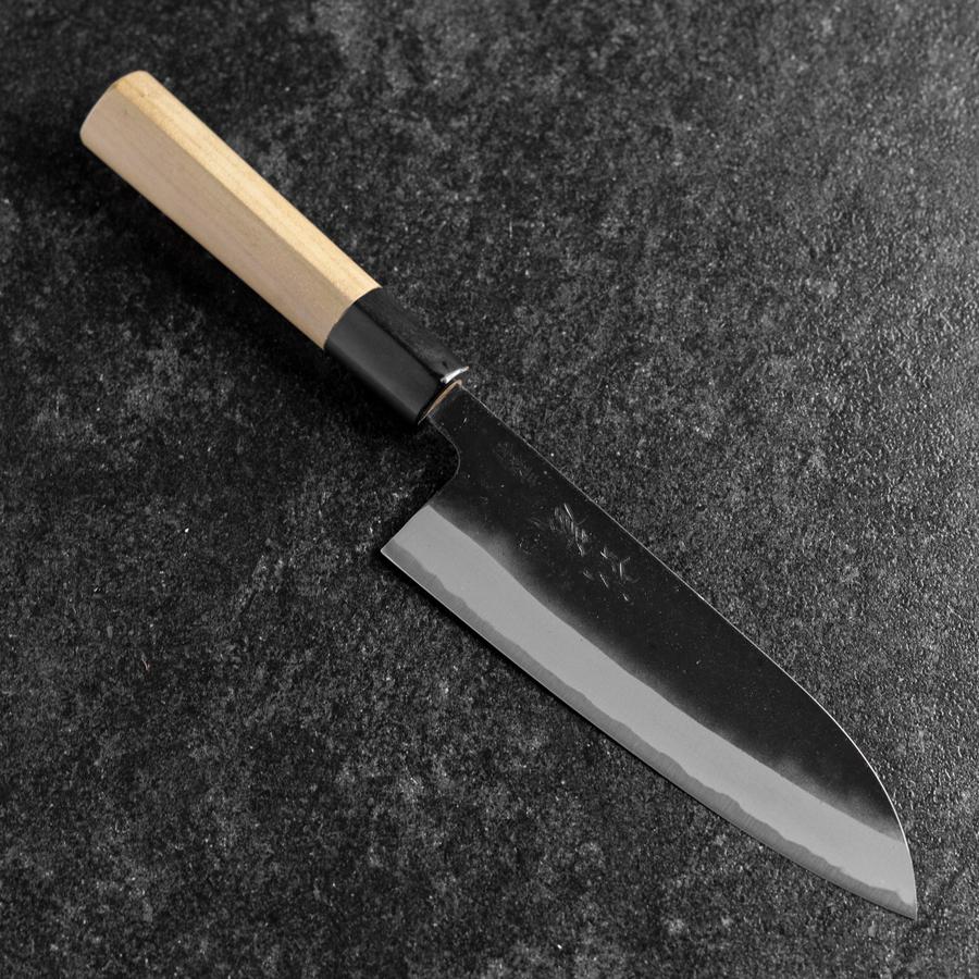 Santoku White Steel #2 Edelstahlummantelung Kurouchi Büffelhorn und Magnolienholz Griff (Kurigata) 170mm