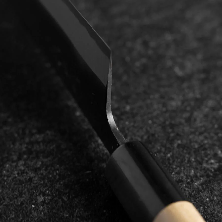 Santoku White Steel #2 Edelstahlummantelung Kurouchi Büffelhorn und Magnolienholz Griff (Kurigata) 170mm - Image 4