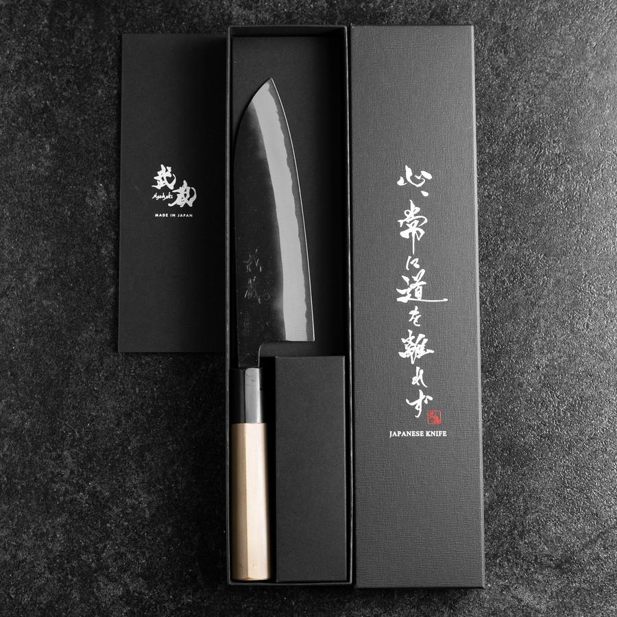 Santoku White Steel #2 Edelstahlummantelung Kurouchi Büffelhorn und Magnolienholz Griff (Kurigata) 170mm - Image 8