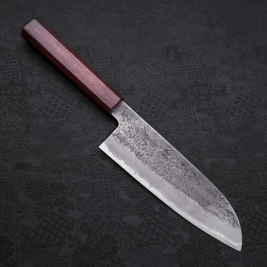Santoku White Steel #2 Edelstahlummantelung Nashiji Lila Urushi Griff 165mm