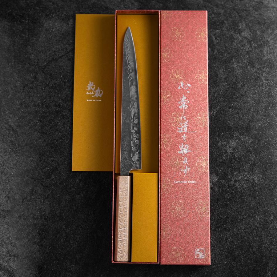 Sujihiki 440C Nashiji Damast Kagami Weißer Urushi Griff 240mm - Image 8