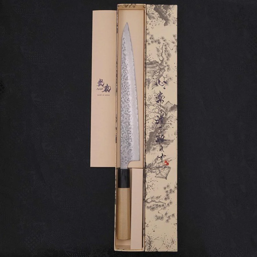 Sujihiki AUS-10 Tsuchime Damast Büffelhorn und Magnolienholz Griff 270mm - Image 8