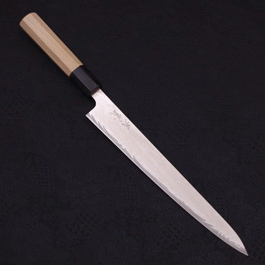 Sujihiki AUS-10 Wellen-Damast Büffelhorn und Magnolienholz Griff 240mm