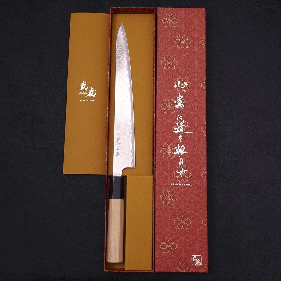 Sujihiki AUS-10 Wellen-Damast Büffelhorn und Magnolienholz Griff 240mm - Image 8