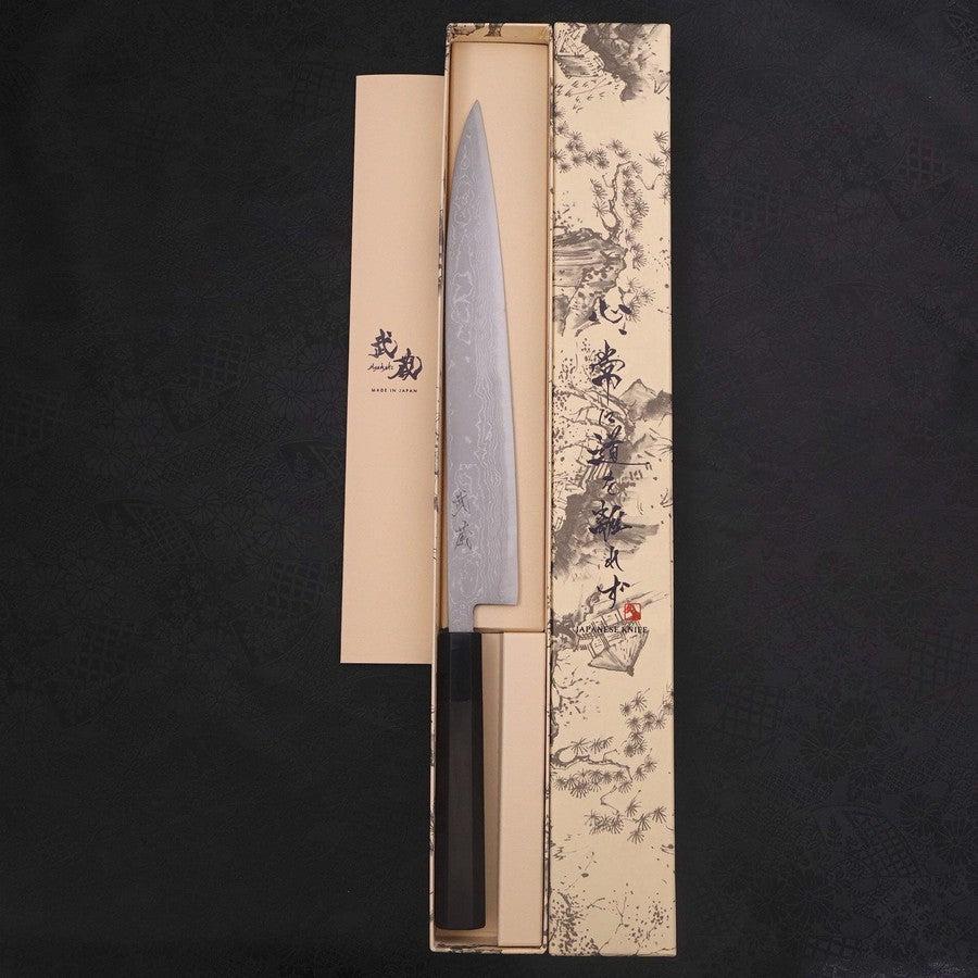 Sujihiki Blue Steel #2 Damast Büffelhorn und Ebenholz Griff 270mm - Image 8
