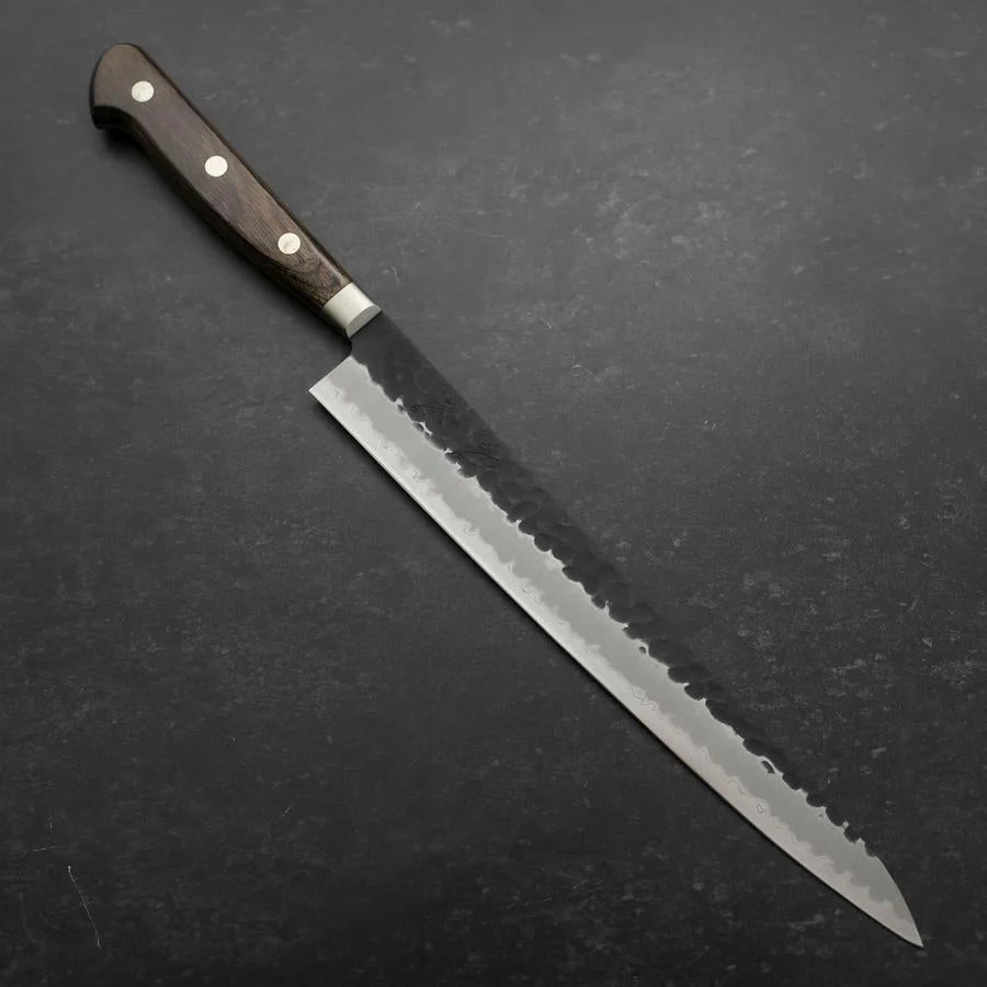 Sujihiki Edelstahlummantelung Blue Super Kurouchi Tsuchime Brauner Westlicher Griff 240mm