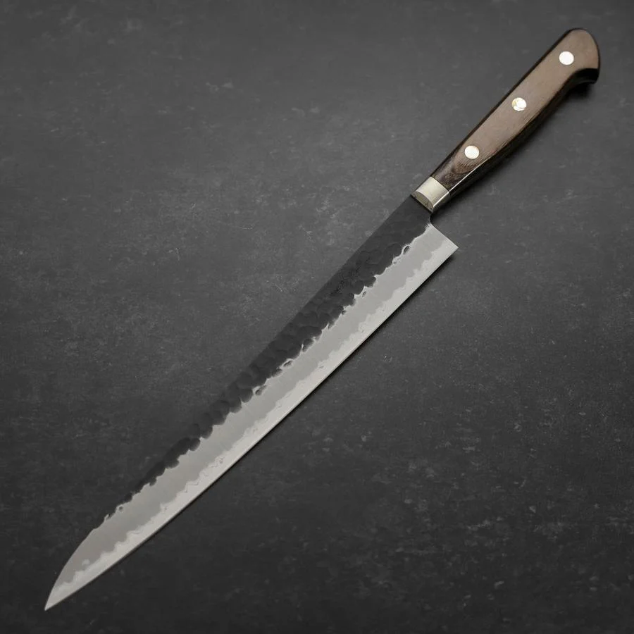 Sujihiki Edelstahlummantelung Blue Super Kurouchi Tsuchime Brauner Westlicher Griff 240mm - Image 2