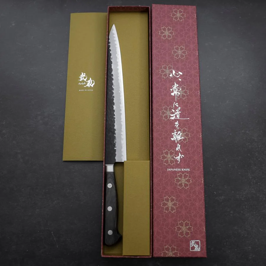 Sujihiki Edelstahlummantelung Blue Super Kurouchi Tsuchime Brauner Westlicher Griff 240mm - Image 8