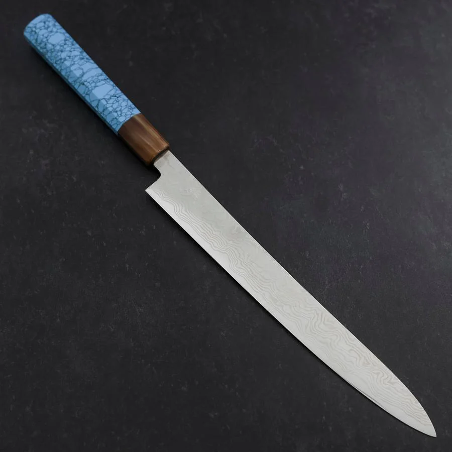 Sujihiki Silver Steel #3 Nickel Damast Büffelhorn und Türkis Griff 270mm