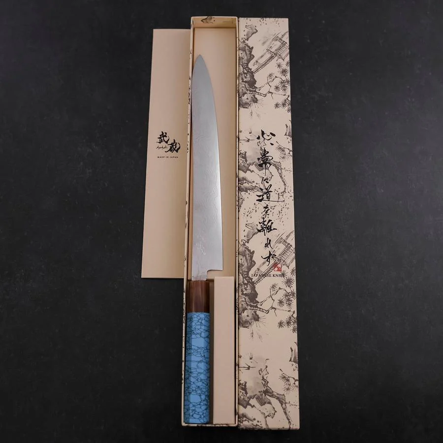 Sujihiki Silver Steel #3 Nickel Damast Büffelhorn und Türkis Griff 270mm - Image 8