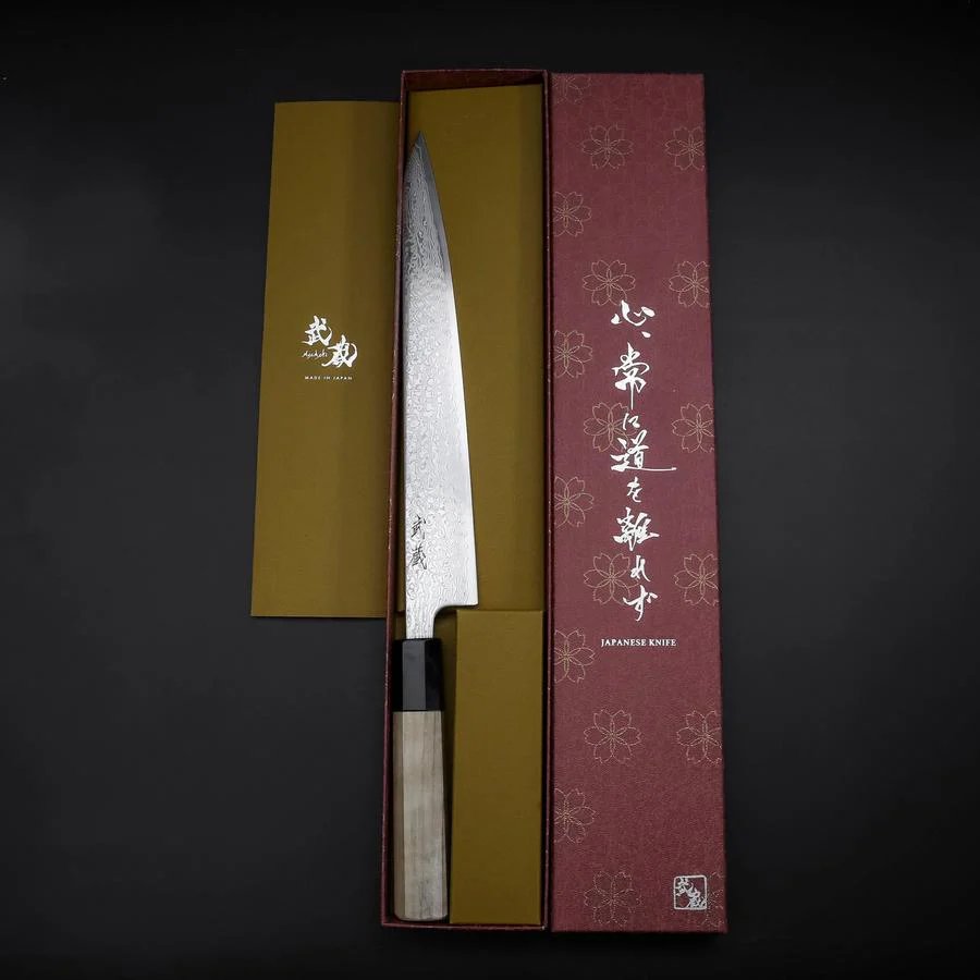Sujihiki SLD Wellen Damast Büffelhorn und Magnolienholz Griff 240mm - Image 8