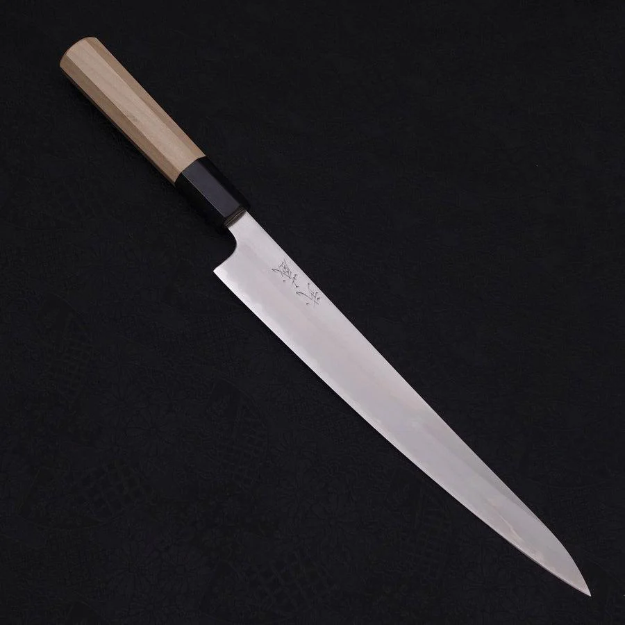 Sujihiki White Steel #1 Edelstahlummantelung Kasumi Büffelhorn und Magnolienholz Griff 240mm