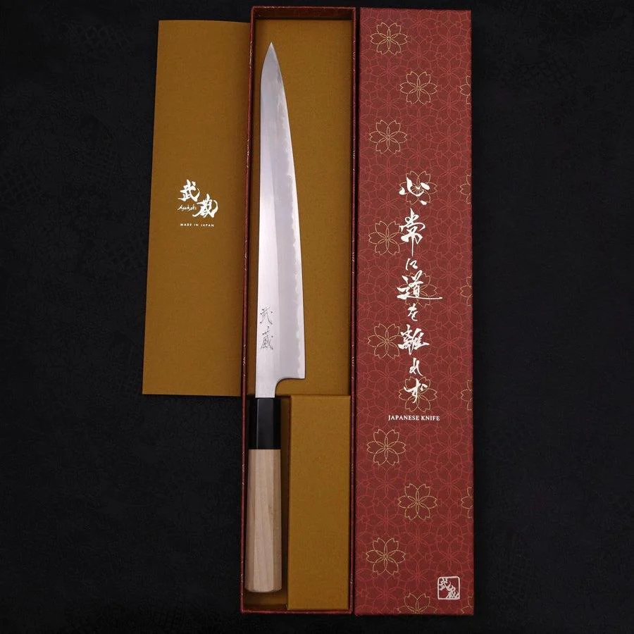 Sujihiki White Steel #1 Edelstahlummantelung Kasumi Büffelhorn und Magnolienholz Griff 240mm - Image 8