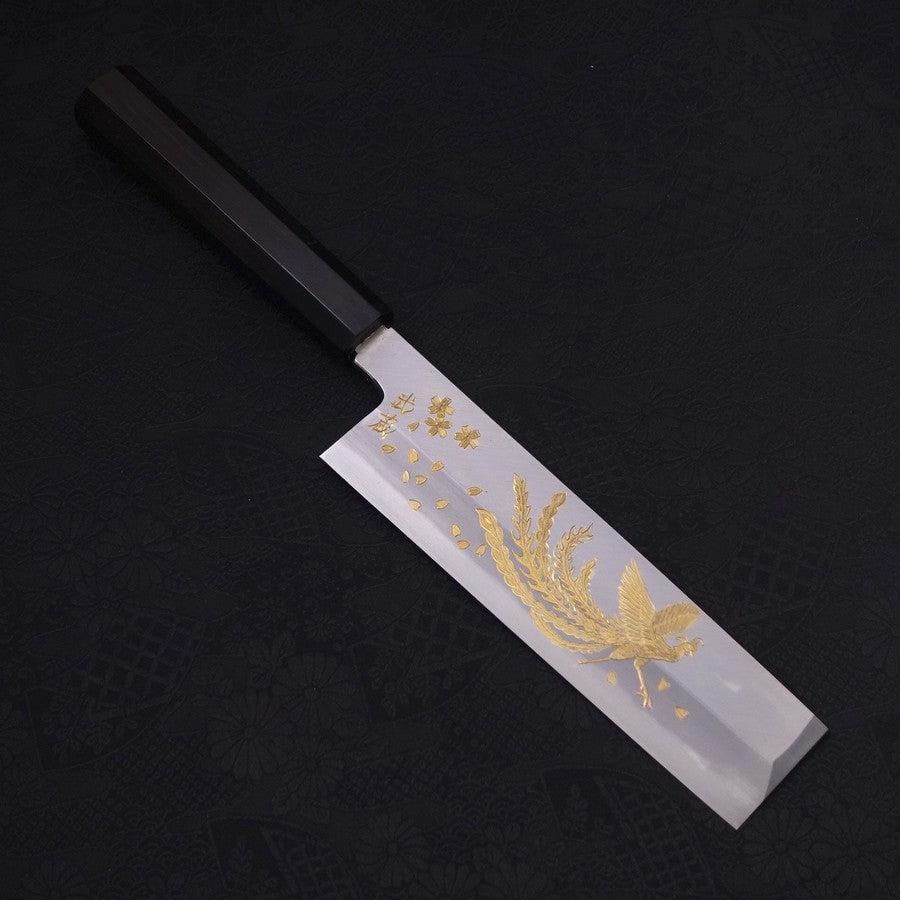 Usuba (Kanto-Stil) White Steel #2 Kasumi Chokin "Phoenix In Sakura" Büffelhorn und Ebenholz Griff 180mm