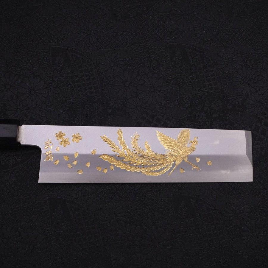 Usuba (Kanto-Stil) White Steel #2 Kasumi Chokin "Phoenix In Sakura" Büffelhorn und Ebenholz Griff 180mm - Image 3