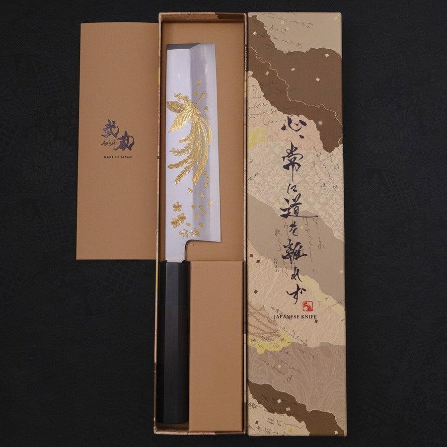 Usuba (Kanto-Stil) White Steel #2 Kasumi Chokin "Phoenix In Sakura" Büffelhorn und Ebenholz Griff 180mm - Image 9