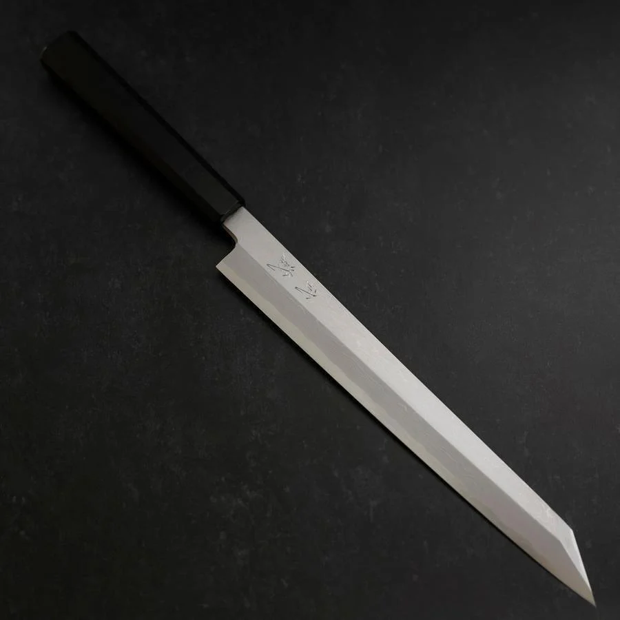 Yanagi Kiritsuke Blue Steel #1 Suminagashi Büffelhorn und Ebenholz Griff mit Scheide 270mm