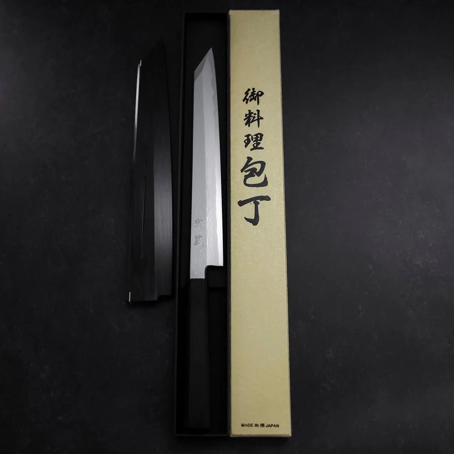 Yanagi Kiritsuke Blue Steel #1 Suminagashi Büffelhorn und Ebenholz Griff mit Scheide 270mm - Image 10