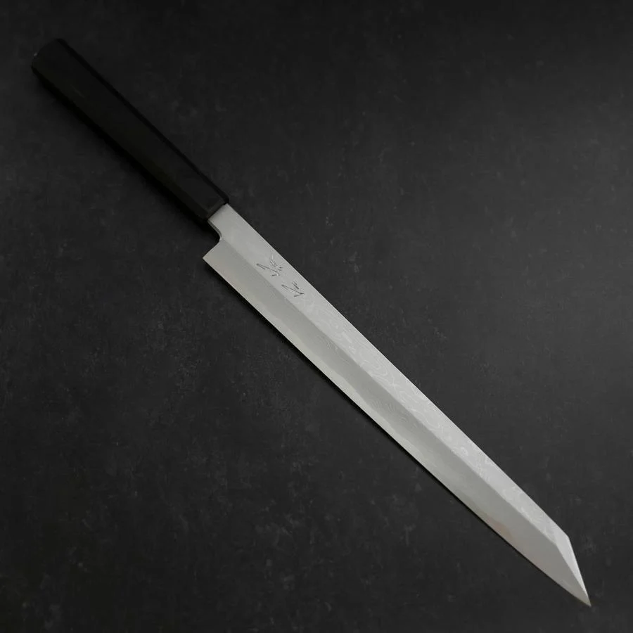 Yanagi Kiritsuke Blue Steel #1 Suminagashi Büffelhorn und Ebenholz Griff mit Scheide 300mm