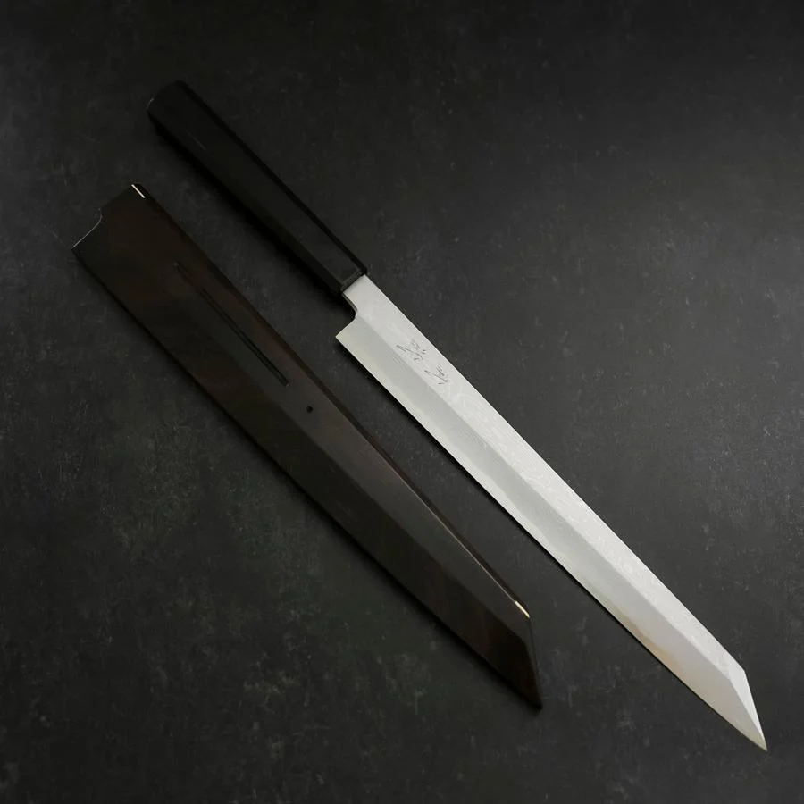 Yanagi Kiritsuke Blue Steel #1 Suminagashi Büffelhorn und Ebenholz Griff mit Scheide 300mm - Image 9
