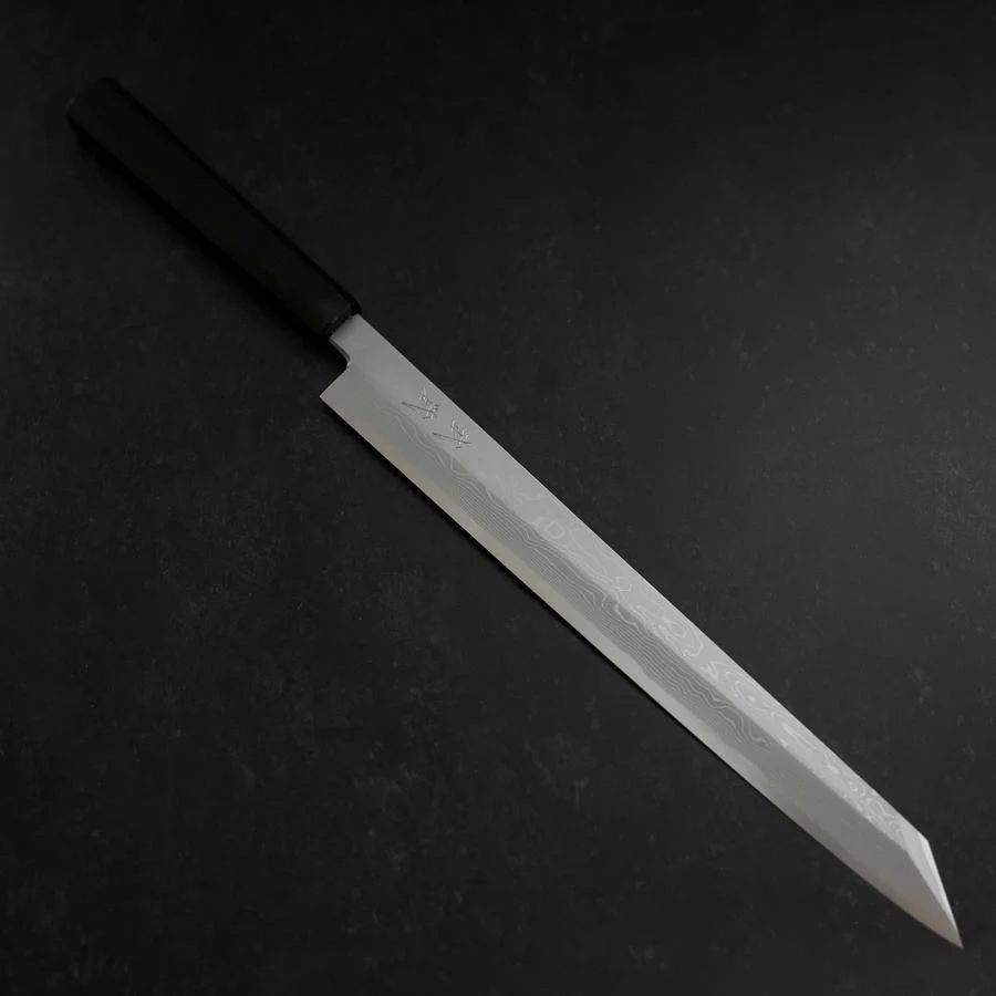 Yanagi Kiritsuke Blue Steel #1 Suminagashi Büffelhorn und Ebenholz Griff mit Scheide 330mm