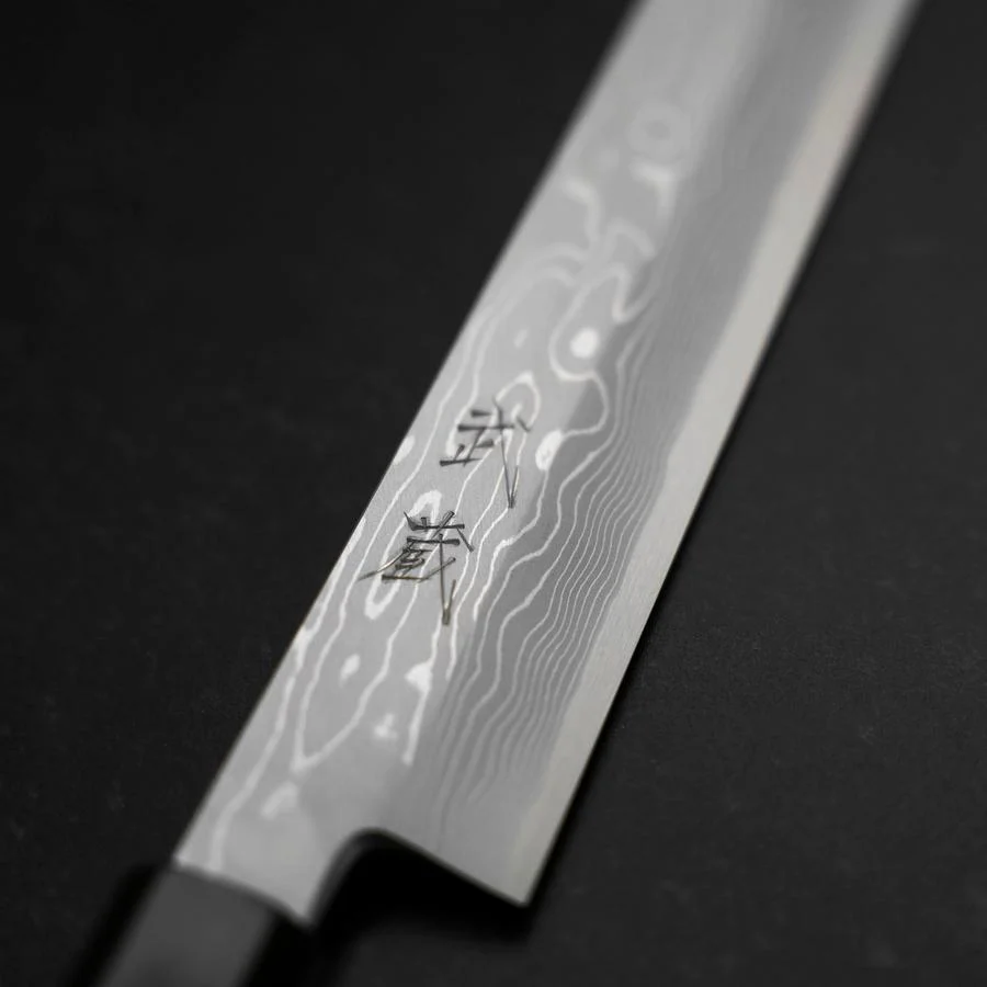 Yanagi Kiritsuke Blue Steel #1 Suminagashi Büffelhorn und Ebenholz Griff mit Scheide 330mm - Image 3