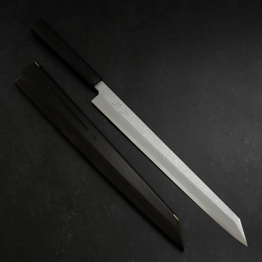 Yanagi Kiritsuke Blue Steel #1 Suminagashi Büffelhorn und Ebenholz Griff mit Scheide 330mm - Image 9