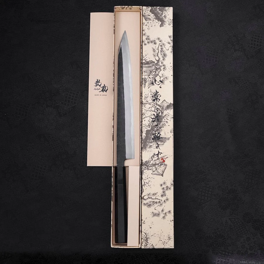 Yanagi Kiritsuke Blue Steel #2 Kurouchi Büffelhorn und Ebenholz Griff 270mm - Image 8