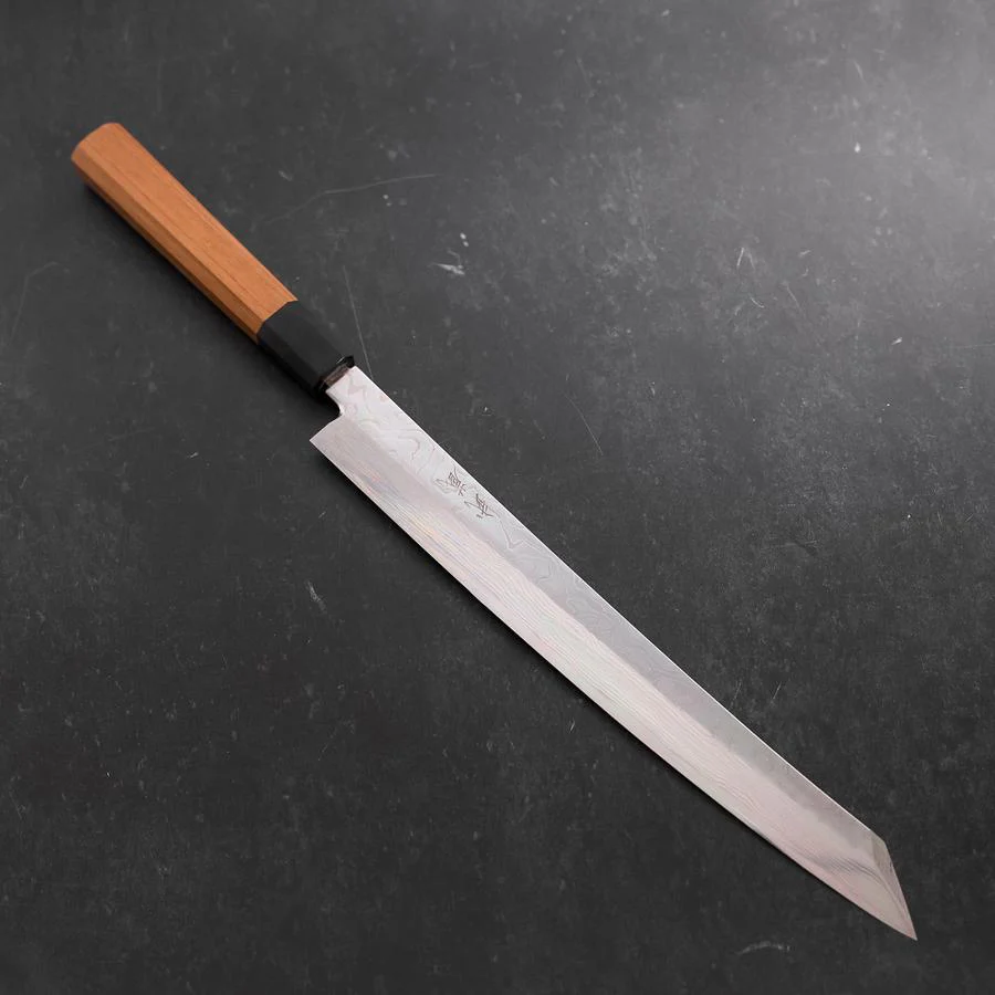 Yanagi Kiritsuke Silver Steel #3 Damast Kagami Büffelhorn und Teakholz Griff 300mm