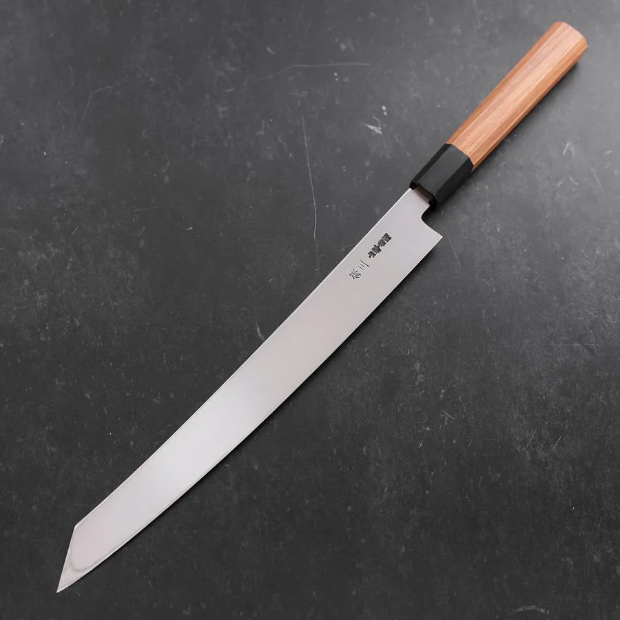 Yanagi Kiritsuke Silver Steel #3 Damast Kagami Büffelhorn und Teakholz Griff 300mm - Image 2