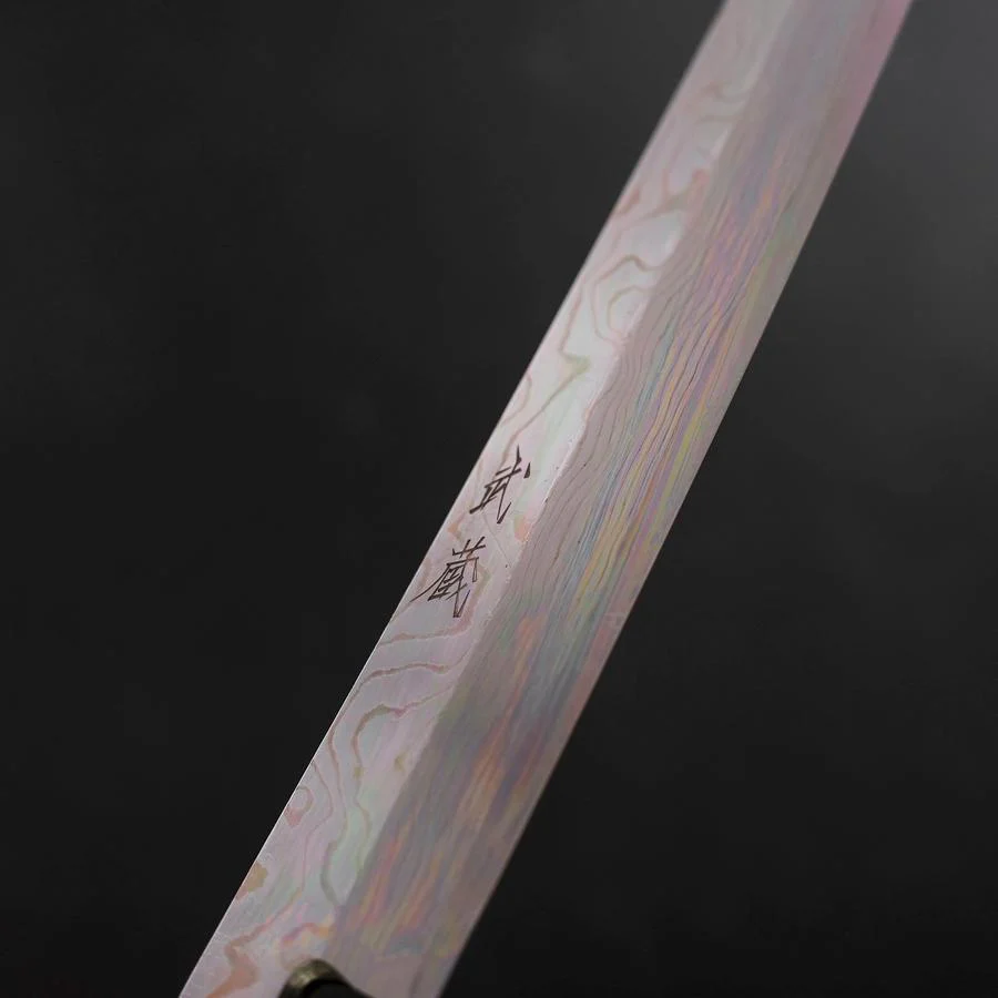 Yanagi Kiritsuke Silver Steel #3 Damast Kagami Büffelhorn und Teakholz Griff 300mm - Image 3