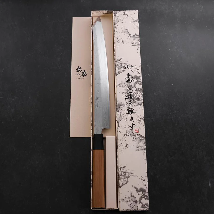 Yanagi Kiritsuke Silver Steel #3 Damast Kagami Büffelhorn und Teakholz Griff 300mm - Image 8