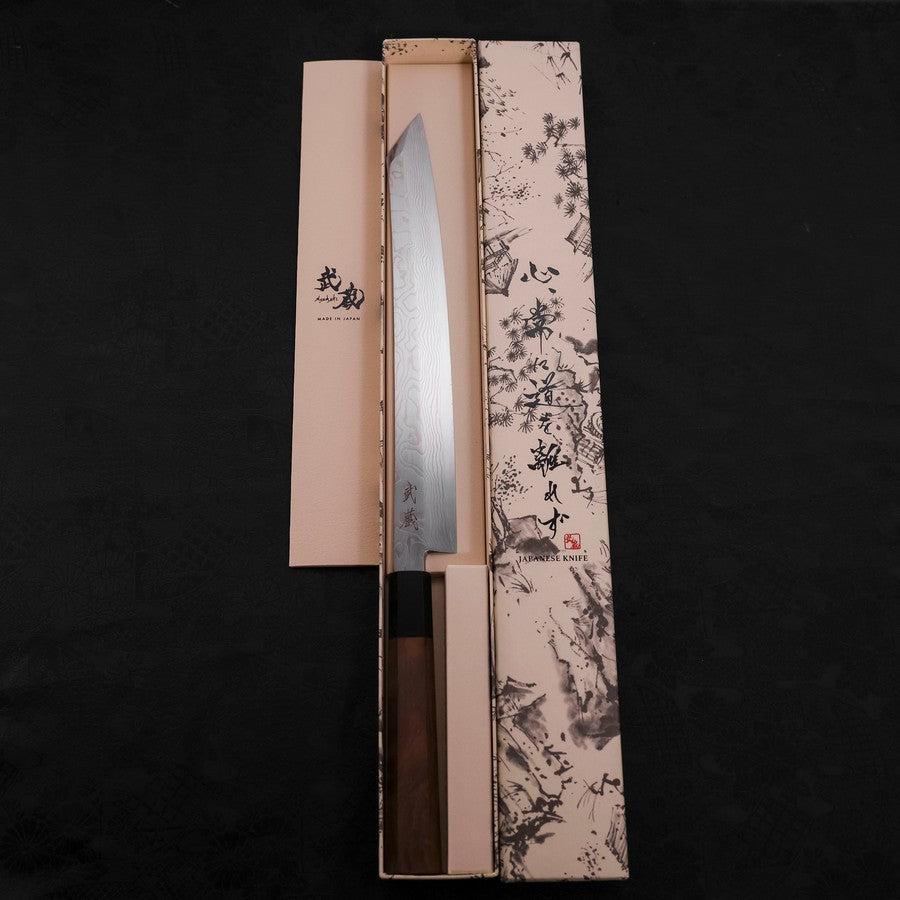 Yanagi Kiritsuke Silver Steel #3 Damast Kagami Büffelhorn und Walnussholz Griff 270mm - Image 8