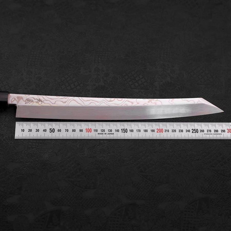 Yanagi Kiritsuke Silver Steel #3 Damast Kagami Büffelhorn und Walnussholz Griff 300mm - Image 7