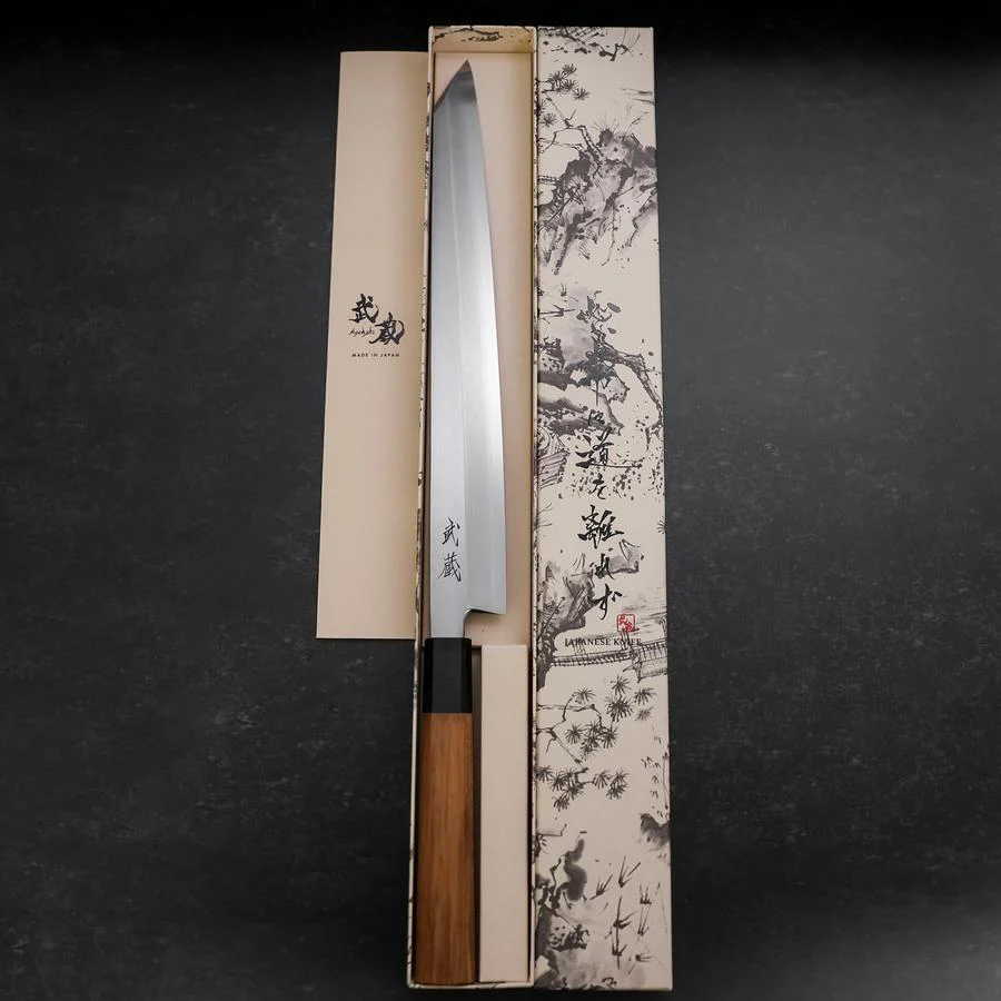 Yanagi Kiritsuke Silver Steel #3 Kasumi Büffelhorn und Teakholz Griff 300mm - Image 8